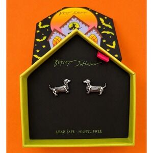 Betsey Johnson Halloween Skeleton Dachshund Wiener Dog Stud Earrings Silver Tone